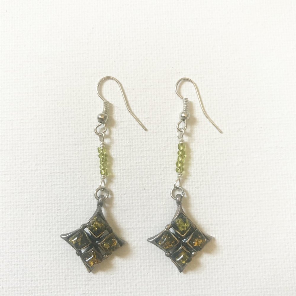 Green Amber Sterling Silver Earrings Lime Glass Beaded Gemstone Boho crystal